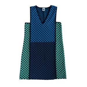 M Missoni Knit Dress Blue Green Checkerboard V-Neck Sleeveless Shift Italy